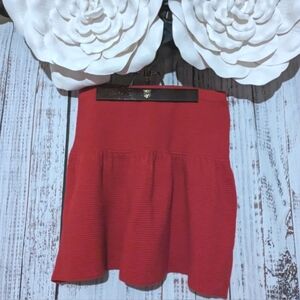 Elegant Red Wool Blend ribbed Skater Skirt W/ Drop Waist And Pleated Hem
